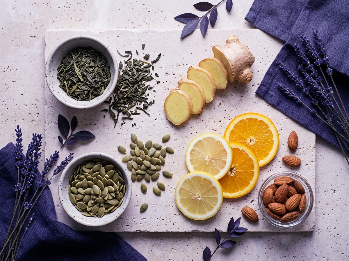 Plantaardige ingrediënten groene thee gember zink vitamine C magnesium flat lay